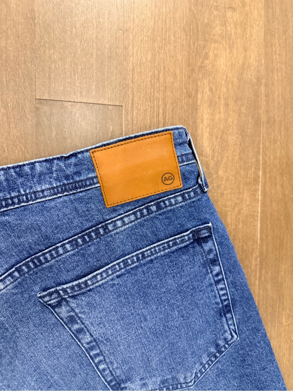 AG Stockton Blue Skinny Jeans with Tan Leather Patch
